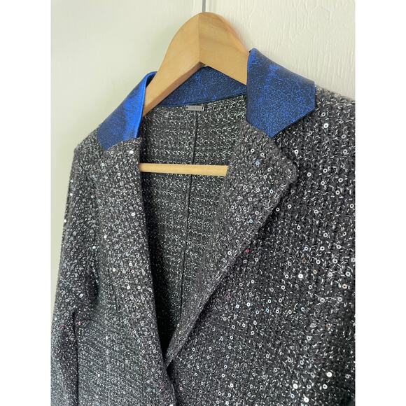 ELIE TAHARI gray silver lurex knit blue leather collar sweater Visna jacket - Picture 5 of 11